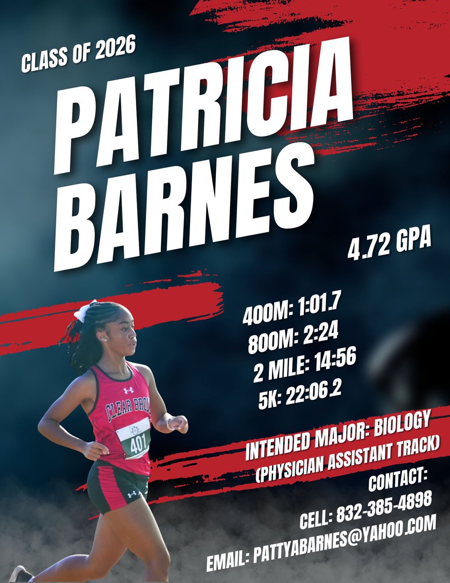 CBHSGirlsTrack's tweet image. ‼️college coaches‼️

Patricia’s dedication, charisma and versatility set her apart. She stepped into XC this year &amp;amp; quickly excelled in the 2-mile and 5K. With her work ethic and wide athletic range, her progress is only beginning. A strong collegiate prospect with big upside.
