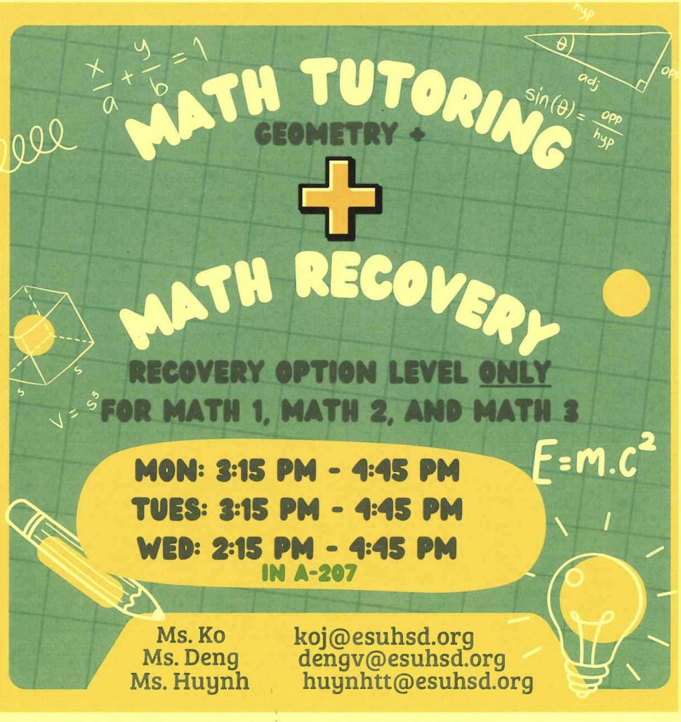 IndependenceHS's tweet photo. Math Tutoring + Math Recovery

Mondays--Tuesdays
3:15--4:45pm

Wednesdays
2:15--4:45pm

Room A-207 https://t.co/Bb0BNOcMf0