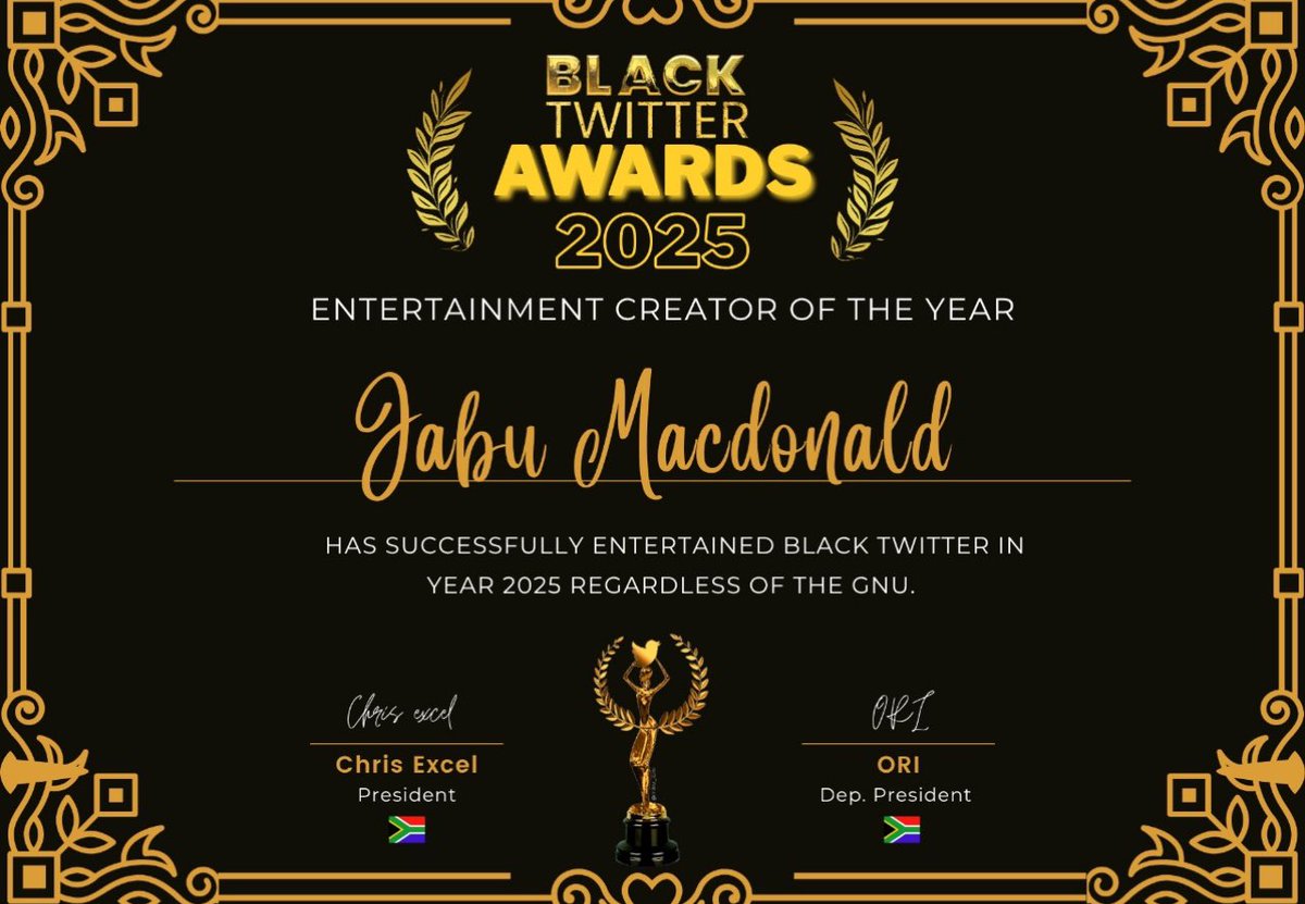 This creator didn’t just post content… 

He built moments

He kept us updated on what’s happening on our screens and in television 

Help me to announce our first winner of the night 

Entertainment content creator of the year 

<a href="/Jabu_Macdonald/">Jabulani Macdonald ⚡️</a> 🏆🔥

 #BlackTwitterAwards2025