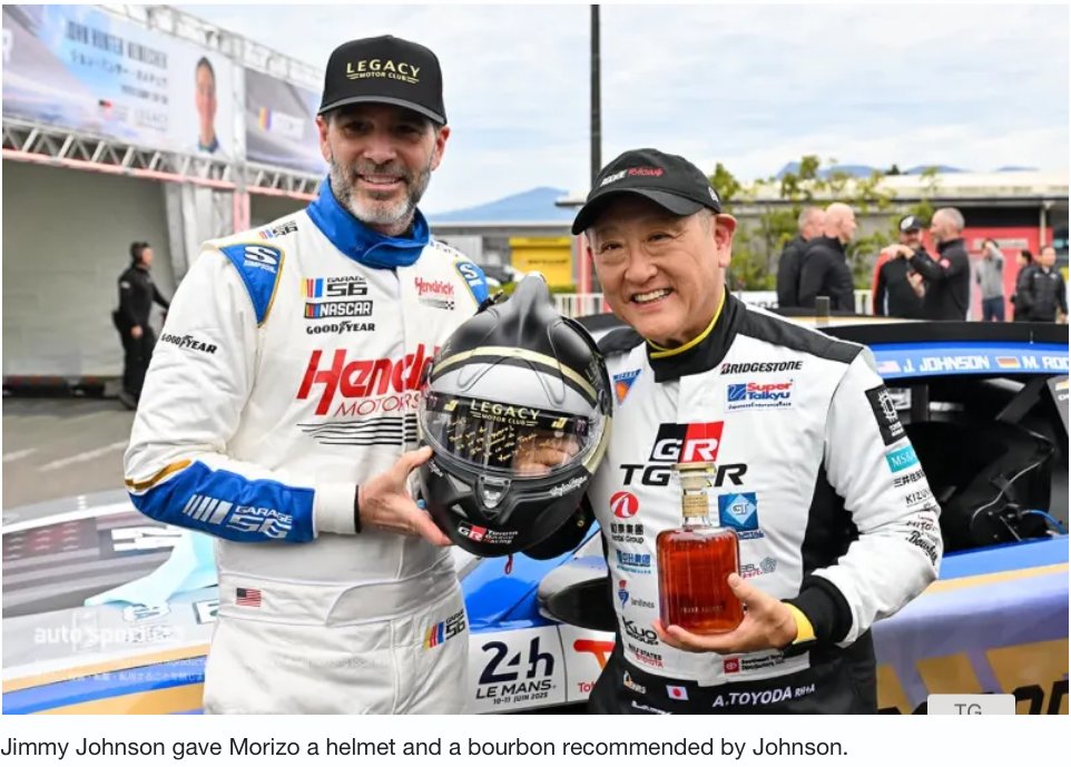 A_S12's tweet image. .@JimmieJohnson gave @Toyota chairman Akio Toyoda a bottle of bourbon and a signed Legacy MC helmet as part of the NASCAR industry&apos;s trip to Japan this week to participate in the Super Taikyu Series event @fswpress, per images from @AUTOSPORT_web.

- news.jp/i/136165800429…