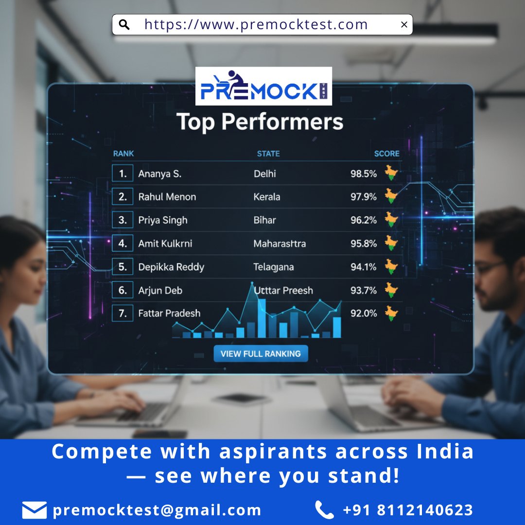 PremockT90018's tweet image. Compete with aspirants across India — see where you stand!
#AllIndiaRanking #PreMockTest #CompetitivePrep #GovtExamIndia #ExamSuccess #CompetitiveExams #IndiaLaunch #BankExam #SBI #IBPS #RBI #SSCCGL #SSCCHSL #SSCMTS #SSCCPO #SSCPreparation #RRBNTPC #RRBGroupD  #RailwayExams