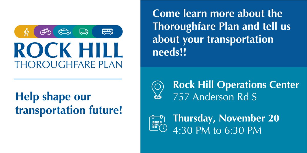 Want to help improve transportation in Rock Hill? Share your thoughts at the Thoroughfare Plan Public Meeting. 🚎

📅 Thursday, November 20
🕟 4:30 PM - 6:30 PM
📍City of Rock Hill's Operations Center, Room 133