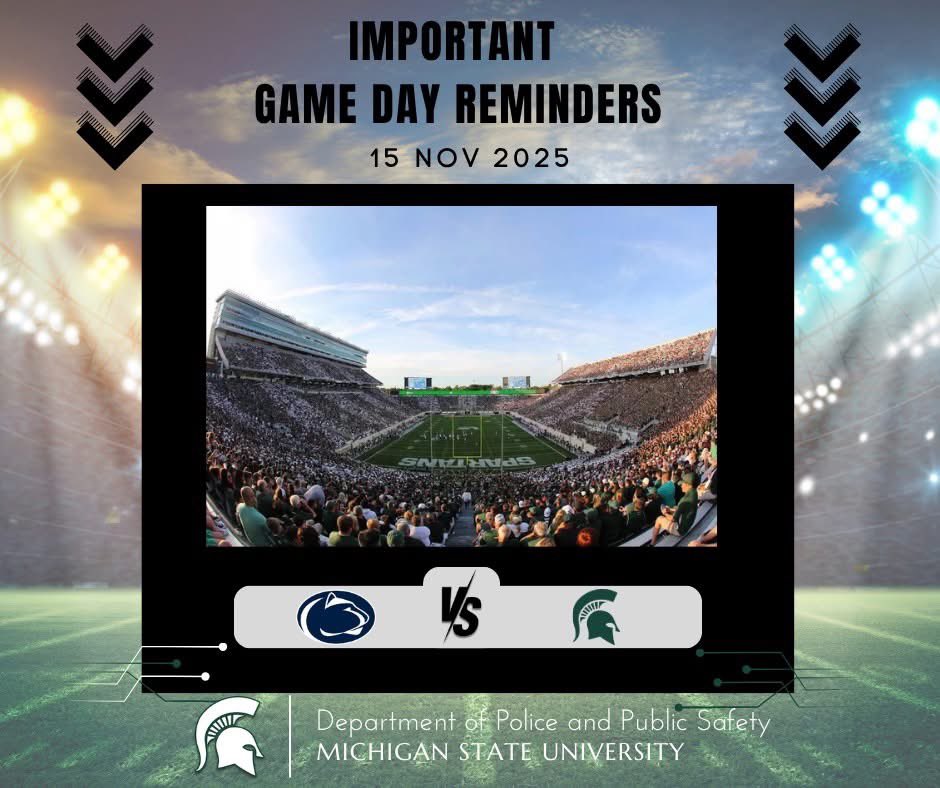 msupolice's tweet image. Hey Spartans, tomorrow is the big game against Penn State! 🏈💚
Before you head to Spartan Stadium, make sure you’re game-day ready:
📲 For real-time updates, text SPARTANFB25 to 888777.
ℹ️ Full details on parking, timelines, and policies: msuspartans.com/gameday
✅ Parking lots…