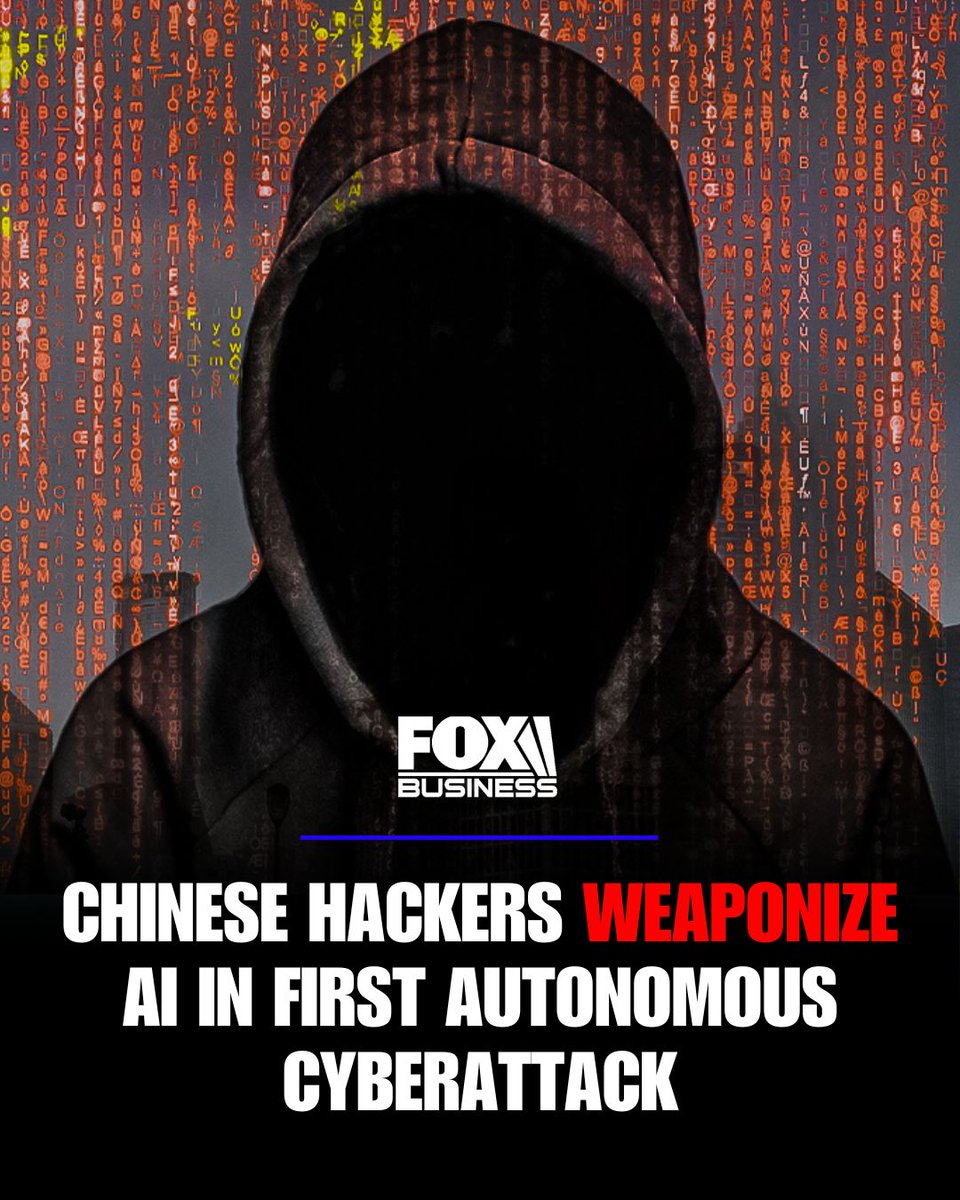 FoxNews's tweet image. CYBER ALERT: Artificial intelligence company Anthropic says a Chinese state-backed hacking group used its own AI tool to carry out the first autonomous cyberattack, targeting dozens of global firms and government agencies.