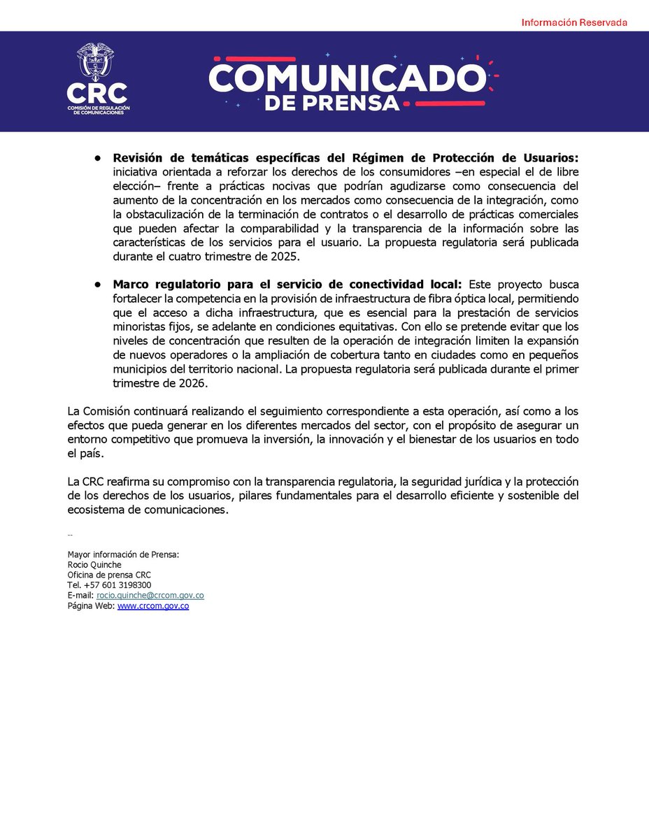 La CRC se pronuncia luego de la decisión de la SIC sobre la integración TIGO-UNE y MOVISTAR.