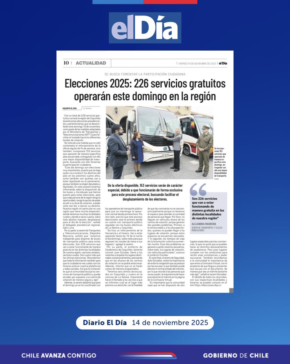 Hoy Diario El Día informa sobre los 226 servicios gratuitos que operarán en toda la región de Coquimbo de forma gratuita para trasladar a los votantes de zonas apartadas. 
Revisa los detalles en este enlace: elecciones.dtpr.cl

#ChileVotaInformado🗳️
