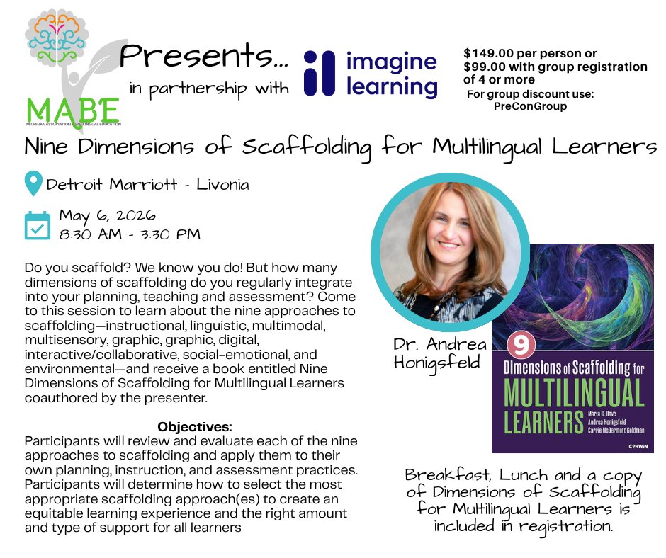 📚✨ Join us May 6 for a full-day pre-con with Dr. Andrea Honigsfeld! Explore the Nine Dimensions of Scaffolding for MLs and leave with practical strategies + a copy of the book included.
📍 Detroit Marriott – Livonia
Register today! mabemi.connect.space/pre-conference…
#MABE2026