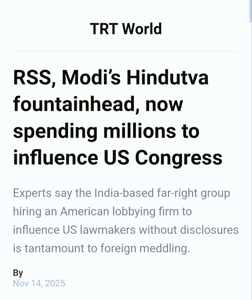 👉🏻 Trump doesn't want to end political career of Modi
👉🏻 RSS is trying hard to influence US Congress. 

Something is cooking. 🔥🤔

Come on-Epstein-Come on.