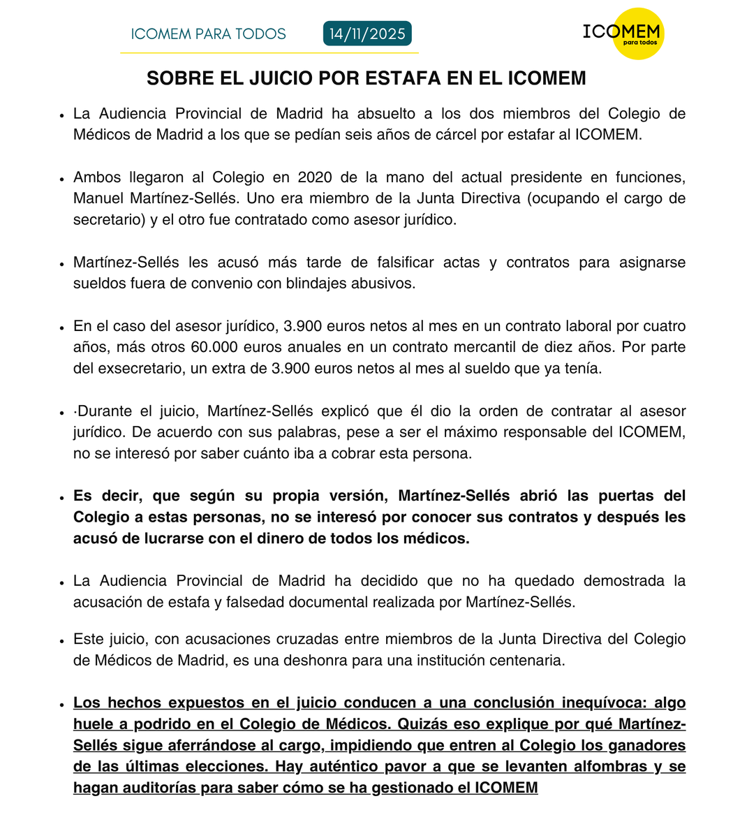Somos conscientes de que la mayoría de médicos no tiene tiempo ni energía para pararse a entender los escándalos judiciales <a href="/Icomem_Oficial/">ICOMEM</a> 

🔽Por eso, aquí os resumimos brevemente lo ocurrido en el reciente juicio por estafa, del que hemos conocido hoy la sentencia