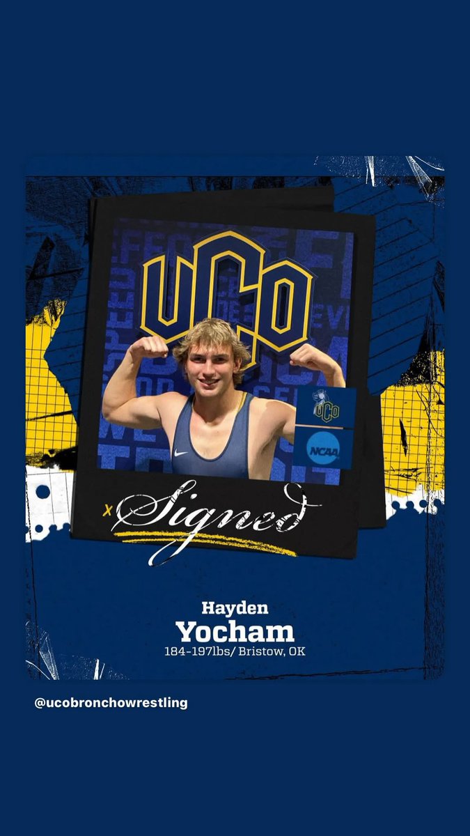I am truly blessed to officially announce that I will be continuing my academic and wrestling journey at the University Of Central Oklahoma. Coach Steidley &amp; Coach Chenoweth have been great and made UCO feel like home. Thank you God, the glory is yours. Thank you to my parents