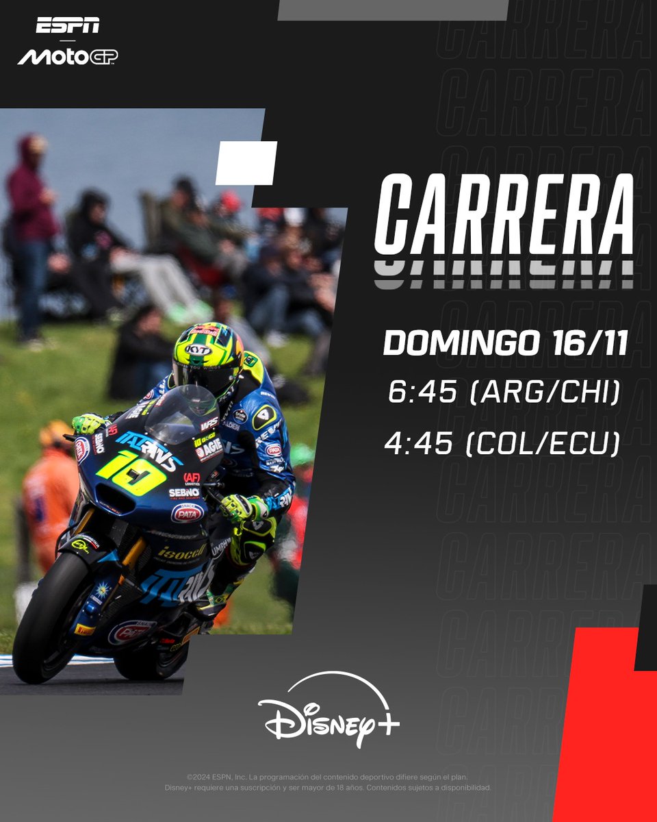 ⏰ 📺 #ValenciaGP 🇪🇦 #MotoGP 
Sáb Clasificación 6.45 🇦🇷 4.45 🇨🇴 #ESPN (repite #ESPN2 8.30 🇦🇷)
Sáb Sprint 10.30 🇦🇷 8.30 🇨🇴 #ESPN2 
Dom Carreras M3 M2 MGP 6.45 🇦🇷 4.45 🇨🇴 #ESPN 
Todo en vivo por #DisneyPlus