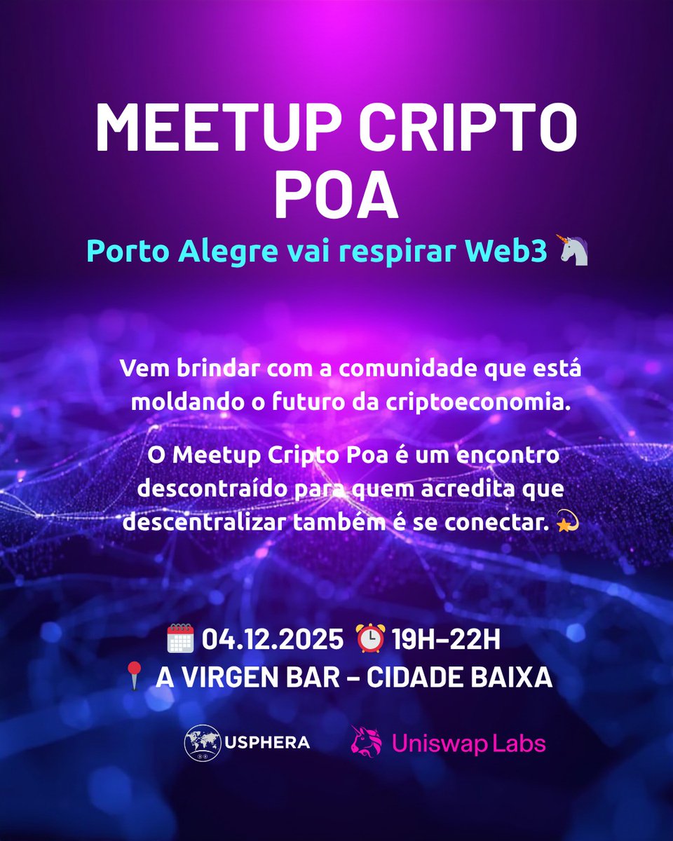 Porto Alegre vai respirar Web3. 💫

Dia 04/12, a comunidade cripto gaúcha se encontra no Meetup Cripto Poa: ideias, conexões e um brinde ao futuro da descentralização.

📍 A Virgen Bar - Cidade Baixa
⏰ 19h–22h
Com <a href="/anawestfal/">Ana Westfal</a> (<a href="/Uniswap/">Uniswap Labs 🦄</a>) 🦄

#MeetupCriptoPoa #DeFi #UniswapLabs
