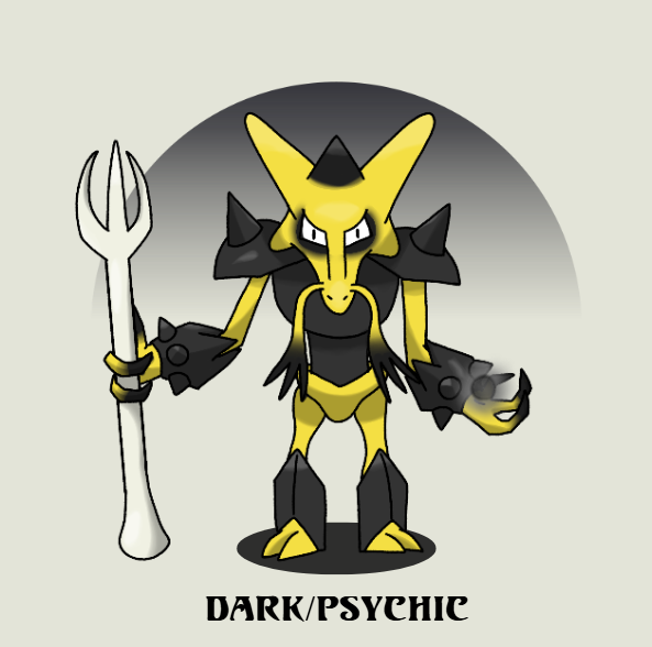 rintogallade's tweet photo. #DeviantPokemon
Here is Malice Prong Alakazam! An Alakazam that grew afraid of being weak, resulting in it learning dark magic to surpass its limits. This corrupts it, making it evil and transforming its 2 spoons into 1 big fork.

i need to brush up on my fakemon creating skills https://t.co/ExtqcWwYKw
