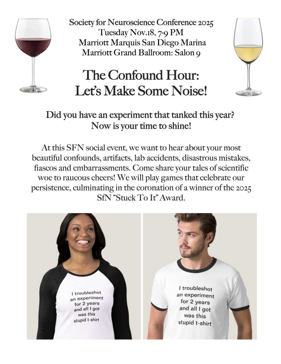 MHagenauer's tweet photo. 🧠 Did you have an experiment that tanked this year?
Now is your time to shine! 

Join us for The Confound Hour! 

When: Tuesday 11/18, 7-9 PM at #SfN25 #SfN2025.

Where: The Marriott Marquis San Diego Marina in Marriott Grand Ballroom, Salon 9

Please share! 😁 https://t.co/H1tgwiUH5L