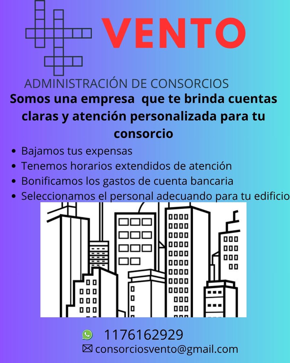 En Vento cuidamos tu dinero. Bajamos tus gastos de expensas y tenemos atención personalizada en horarios extendidos. No dudes en consultarnos

117 616 2727