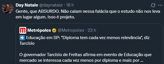 odanielscott's tweet photo. O fato dessa mulher não entender a diferença entre diploma e estudo simplesmente prova o ponto do Tarcísio.

Segundo o Inaf, no Brasil, apenas 8% têm plenas condições de compreender e se expressar. Não à toa, estamos na rabeira do ranking Pisa no mundo inteiro.

Não adianta você ter um diploma na parede se não entender o óbvio: o que traz seu salário são seus conhecimentos e não um pedaço de papel.

E não fazer faculdade não significa não estudar. Algumas das pessoas mais estudiosas que conheço não têm faculdade.

Mas em uma coisa eu concordo com ela: isso é projeto mesmo. Projeto de décadas de um governo populista no poder que implementou um modelo de educação que replicou pessoas que, como ela, são os "ignorantes úteis".

Enquanto isso, quem realmente lucrou com isso foram os grandes grupos educacionais que se esbaldaram de verbas públicas como o FIES.