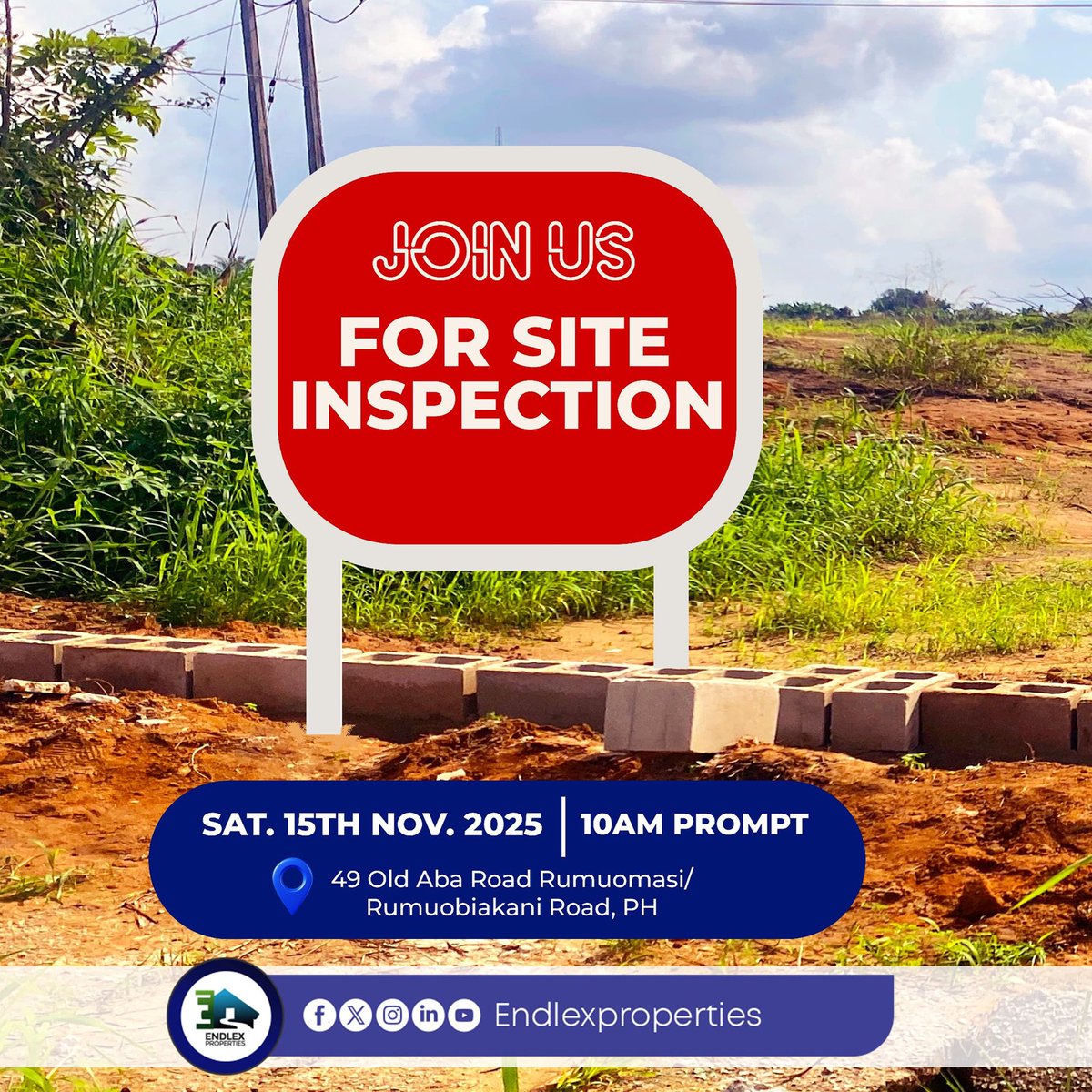 EndlexGroup's tweet photo. Join us this Saturday, 15th Nov. 2025 | 10AM for a live Site Inspection!
📍49 Old Aba Road, Rumuomasi/Rumuobiakani Road, PH.

Come see real value, real progress &amp; real opportunities.
Don’t miss it! 

Call us: 07073894555

#EndlexProperties #SiteInspection #RealEstatePH https://t.co/RTIea2fVPj