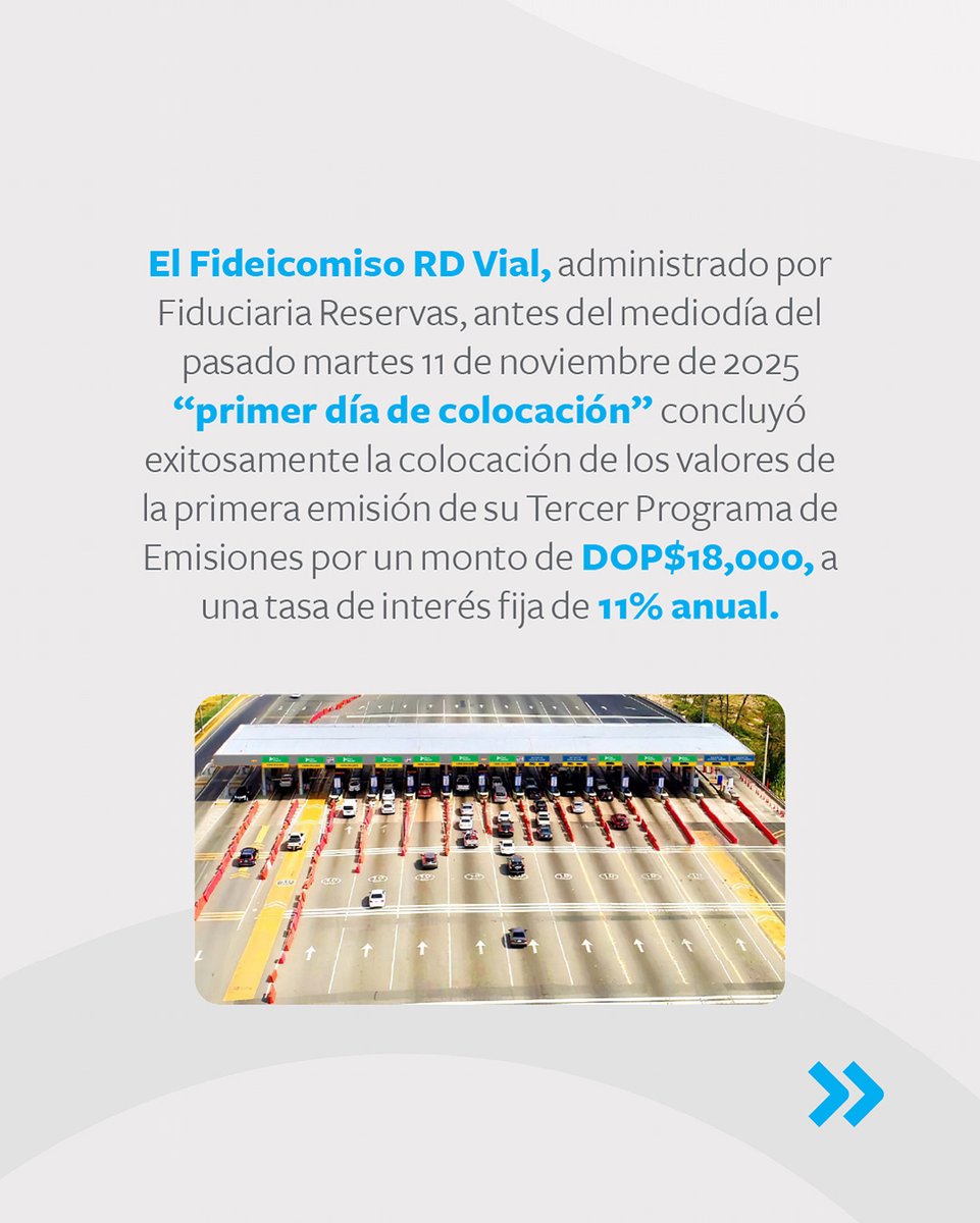 FiduReservas's tweet image. Celebramos el éxito en la colocación de oferta pública para el Fideicomiso RD Vial, un proceso que fortalece la gestión del fideicomiso y respalda el desarrollo de infraestructura vial en el país.

#FiduciariaReservas