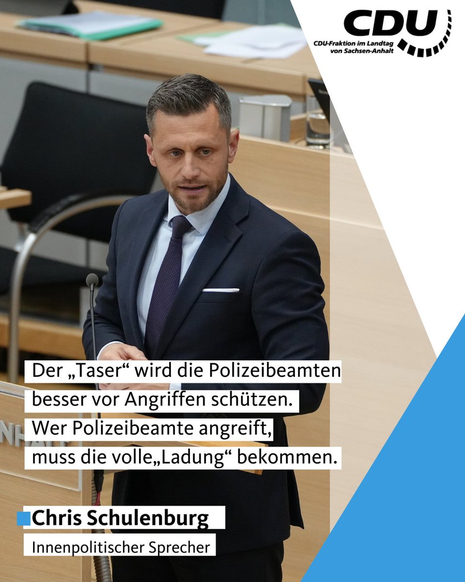Gesetz zur Abwehr von #Drohnen und Einsatz von #Tasern im Landtag beraten. 

Der „Taser" wird die Polizeibeamten besser vor Angriffen schützen. Wer Polizeibeamte angreift, muss die volle "Ladung" bekommen, sagt Chris Schulenburg in der Beratung zur Änderung des Polizeigesetzes.