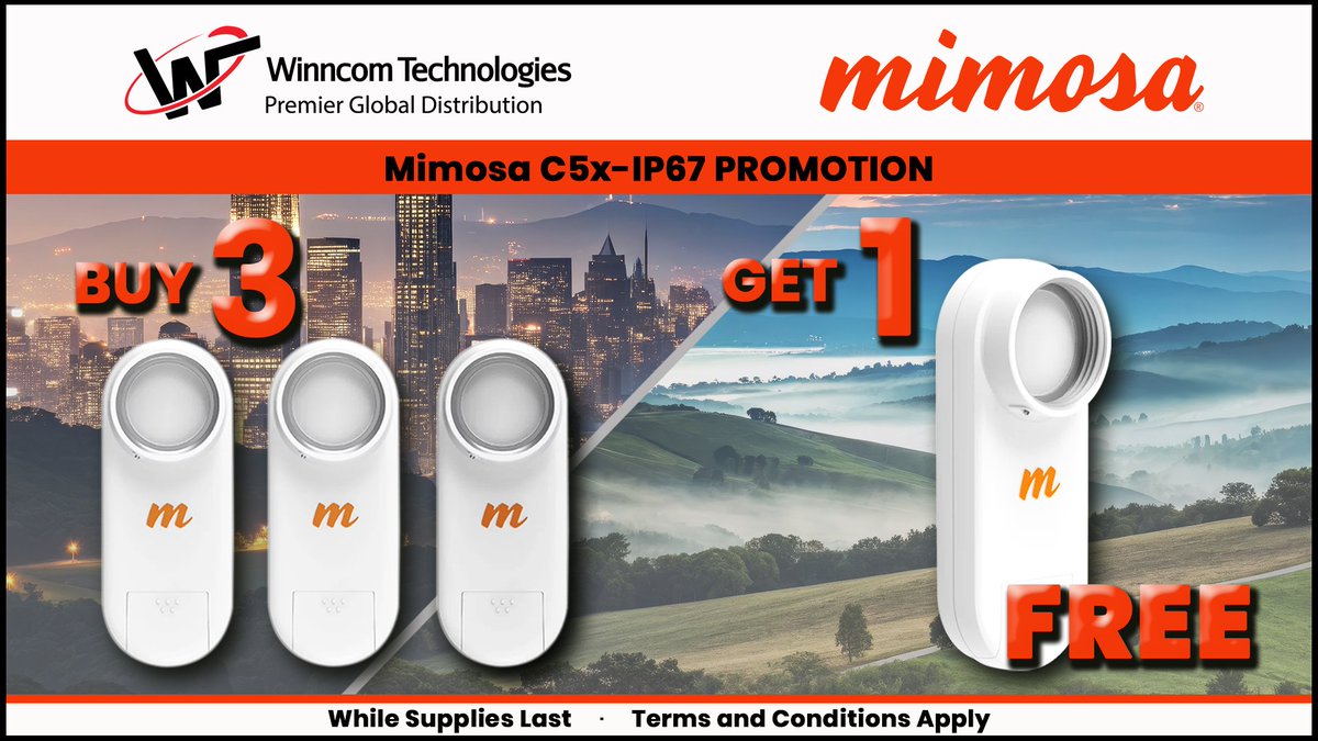 WinncomTech's tweet image. Buy 3 Mimosa C5X-IP67 Units &amp;amp; Get 1 FREE!

Whether you&apos;re deploying PTP or PTMP, the C5X delivers unmatched flexibility and performance!

🎯 Perfect for 5 GHz deployments with five gain options (8, 12, 16, 20, 25 dBi)!

Click link for more info: ow.ly/bY0E50WNxJ1

@Radisys