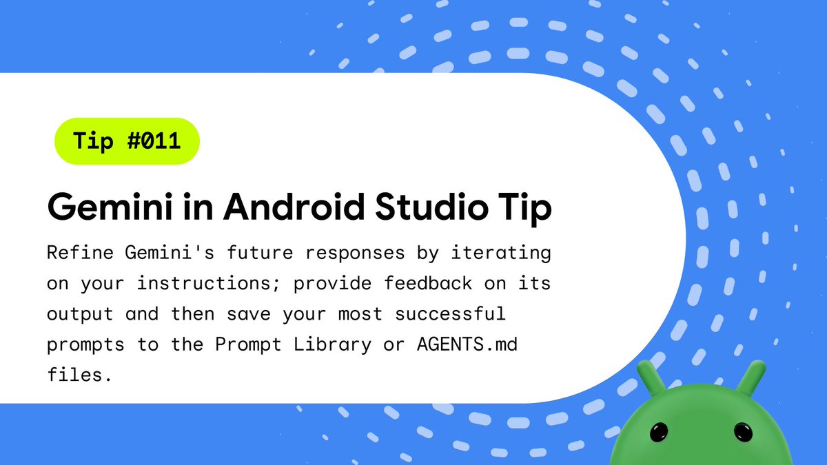 AndroidStudio's tweet image. Working with Gemini is a collaborative process, just like with a coworker. 💬 Go back and forth with feedback, clarify your expected outcome, and save your best prompts for later → goo.gle/42itJtY