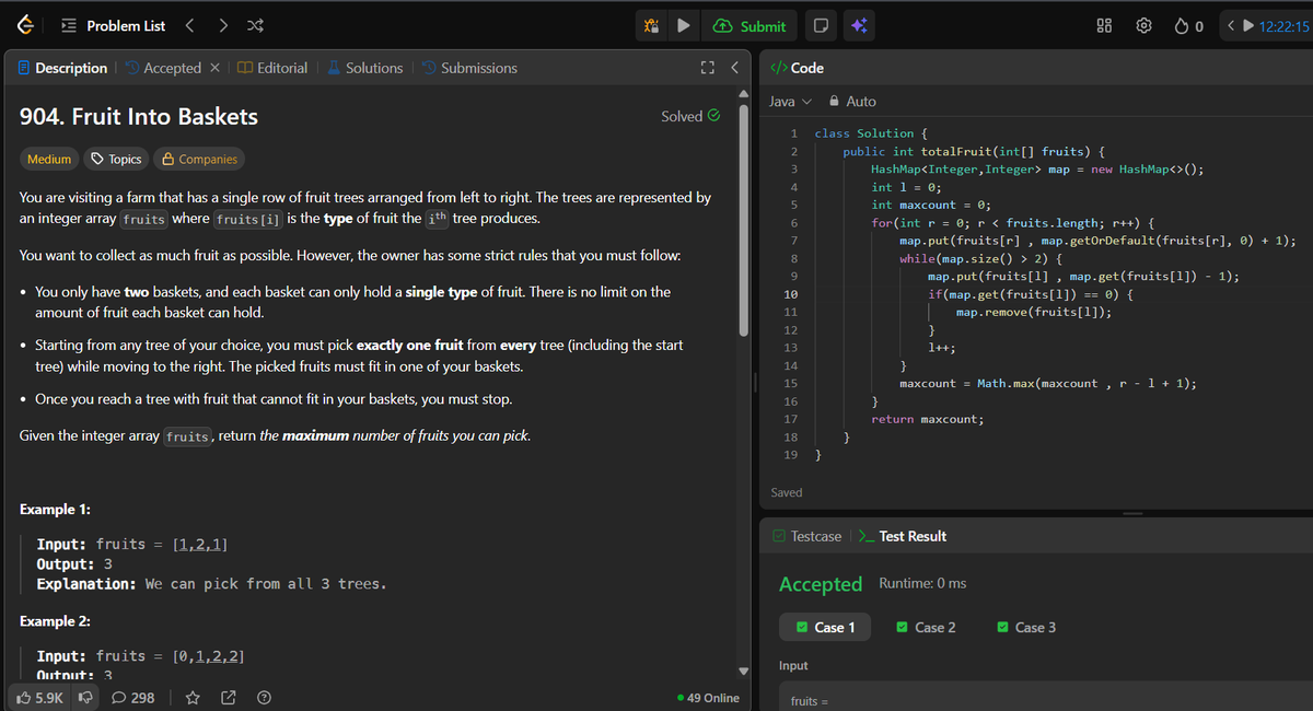 Nitish_Jaiswa12's tweet photo. Day 18- Problem No. 904: Fruits Into Baskets
As I am doing sliding window problems lately, I'll be able to solve this one using previous concepts. (Array, HashTable, Sliding window)
#DailyProblems #LeetCode #DSA https://t.co/lxl5MNf6uw
