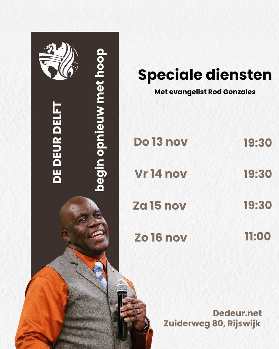DeurDelft's tweet photo. Vanavond alweer de 2e dienst met evangelist Rod Gonzales! Heb je het gemist? Dan zijn er morgen en overmorgen nieuwe kansen om een dienst mee te maken!

Meer info: https://t.co/I2Fu3yY8pp https://t.co/mlEkEWCr5v