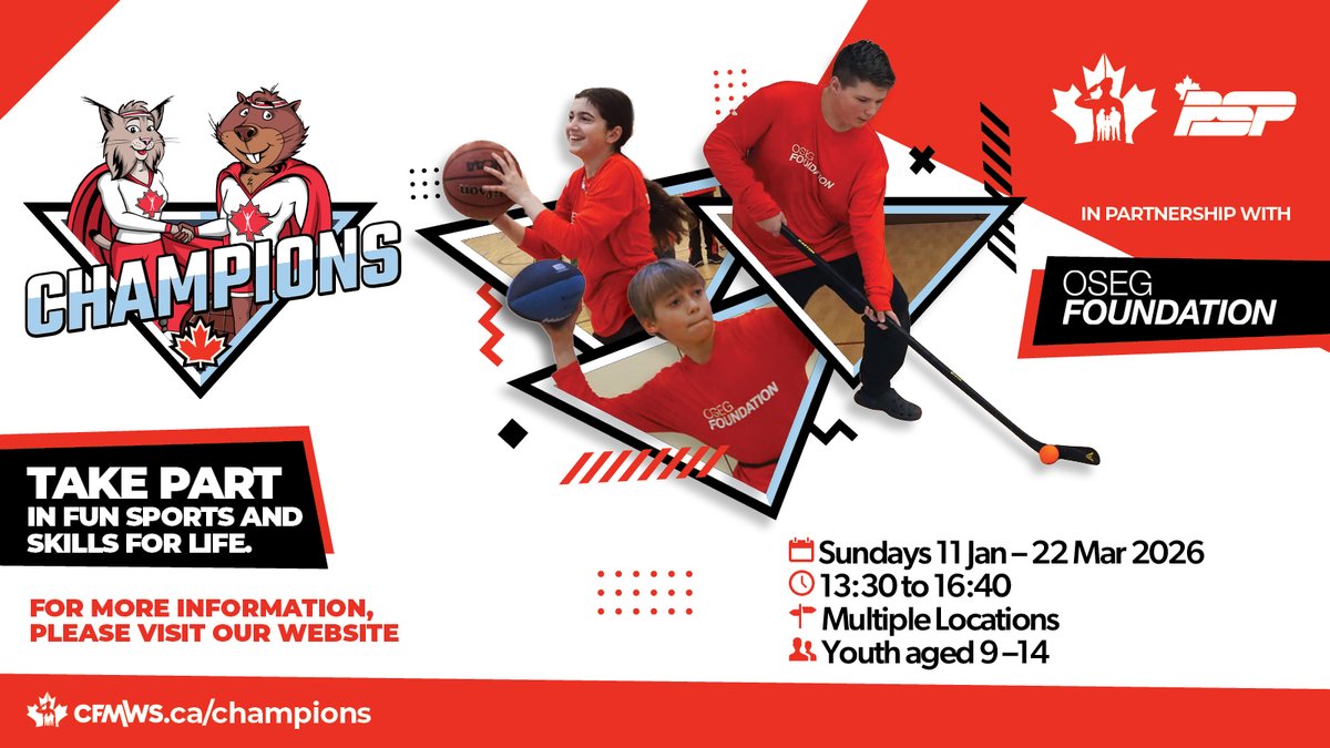 🌟 Champions Program is back Jan 11, 2026!
FREE &amp; bilingual for military youth (9–14). Build confidence, resilience &amp; friendships through sports 🏐🏀⚽🏓 ✅ Limited spots—register now: cfmws.ca/champions