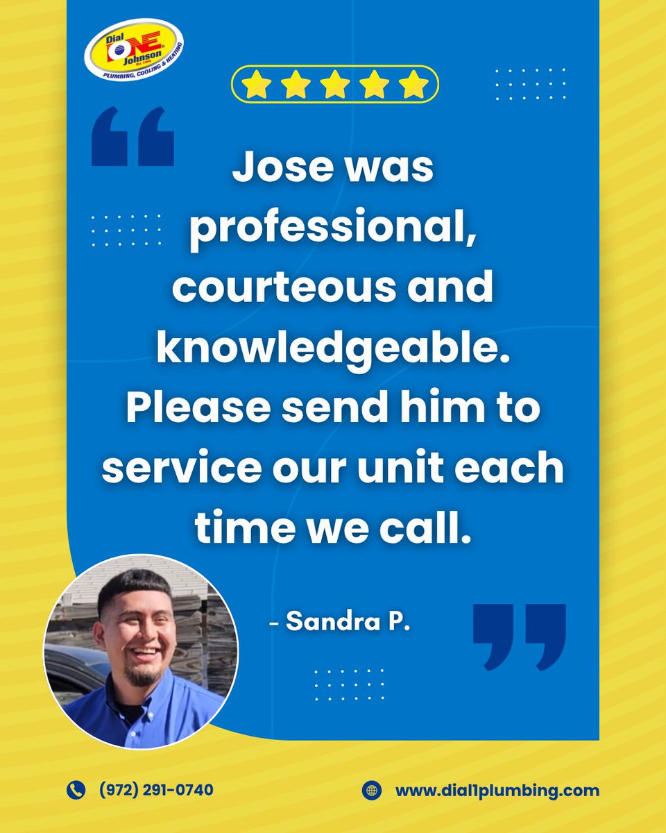 Dial1Plumbing's tweet image. When a homeowner in DeSoto says, ‘Send Jose every time,’ you know you’re doing things right. 😄🔧
Another 5-star review and another testament to the Dial One Difference. ⭐✨
#DialOneDifference #FiveStarService #HeatingInspection #DesotoTX #DialOneJohnson #HVACPros #homeservices