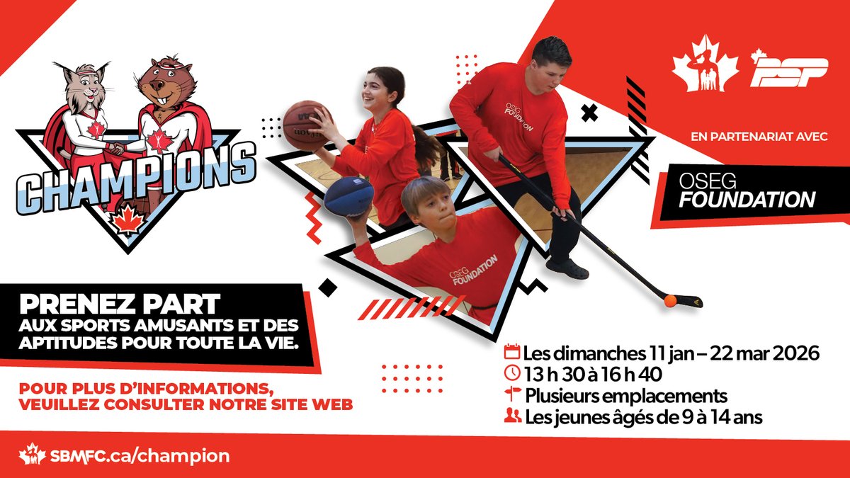 🌟 Le programme Champions est de retour le 11 janvier 2026 !
GRATUIT et bilingue pour les jeunes issus de familles militaires (9-14 ans). Renforcez votre confiance, votre résilience et vos amitiés grâce au sport 🏐🏀⚽🏓 Places limitées — inscrivez-vous : sbmfc.ca/champion
