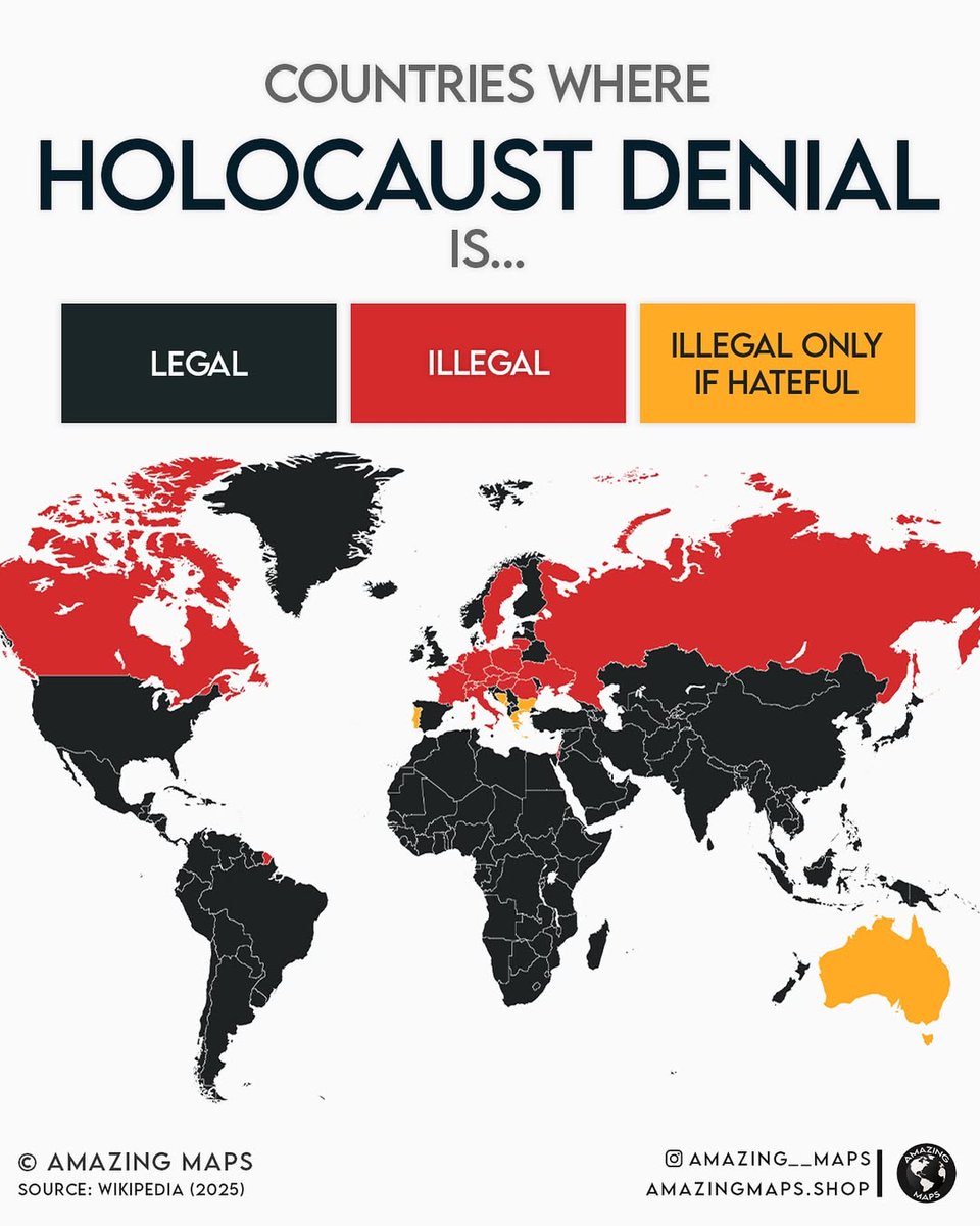 Civixplorer's tweet image. Legality of Holocaust denial around the world.