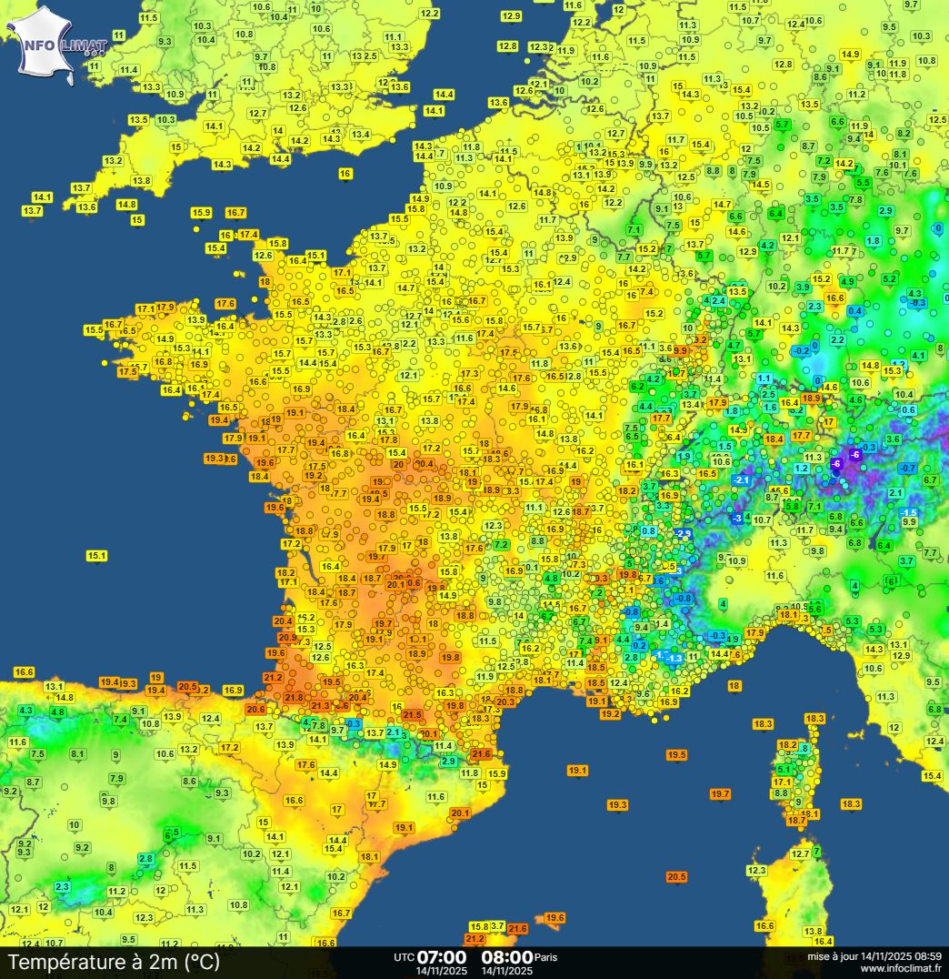 subfossilguy's tweet image. SW quarter of France this morning experienced Tmin of 17 to 23°C ! 😱

Yes, some &apos;tropical nights&apos; in November! 🥵

This is far more than what we can normally expect during the afternoon mid-november in these regions... insane!

Map: @infoclimat
