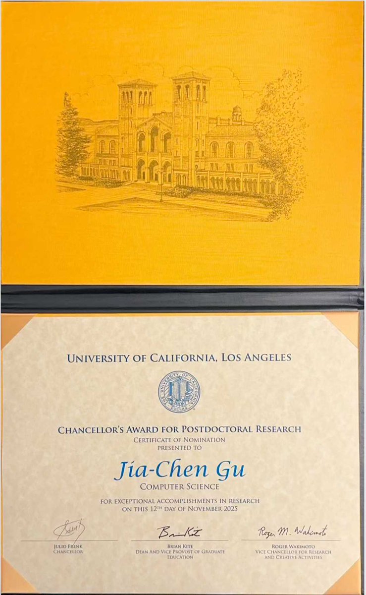 Extremely honored to be nominated for the <a href="/UCLA/">UCLA</a> Chancellor’s Award for Postdoctoral Research!
Deeply grateful to <a href="/VioletNPeng/">Violet Peng</a> and <a href="/kaiwei_chang/">Kai-Wei Chang</a> for the nomination, and to my friends at @UCLANLP for their support!
I’m on the academic market now. Reach out if I might be a good fit!
