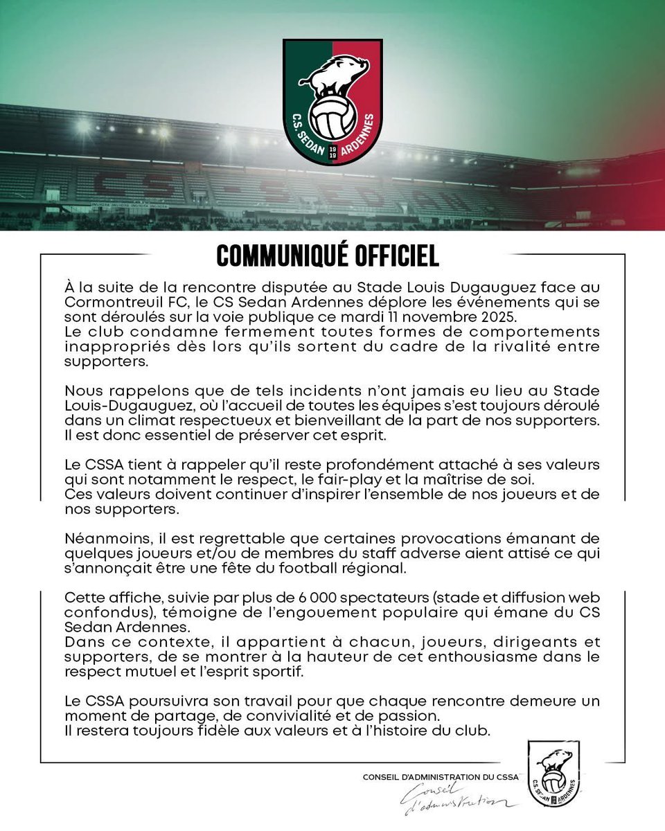 🚨🚨 COMMUNIQUÉ OFFICIEL du CS SEDAN ARDENNES CONCERNANT les INCIDENTS SURVENUES sur la VOIE PUBLIQUE vs CORMONTREUIL :