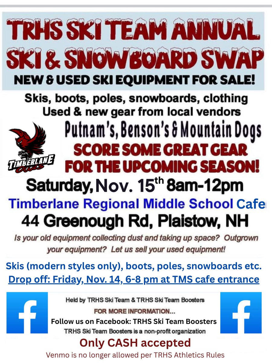 The 2025 Timberlane Ski Swap will be held on November 15th in the Middle School Café from 8:00-12:00. We will once again have a great variety of new and used Ski and Snowboard equipment to sell. Come support the Timberlane Ski Team for the upcoming season!