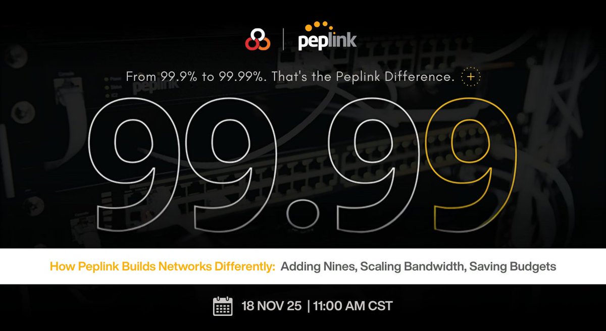 888Voip's tweet image. Boost your uptime from 99.9% to 99.99%. Join Peplink &amp;amp; Professor P. on Nov 18 to learn how to build more reliable networks. Strengthen your network the smart way.

Register now: ow.ly/Z8ms50XrKoy

#Peplink #Webinar #NetworkReliability