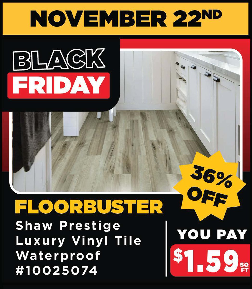 CarpetMart's tweet photo. 14 Days of #BlackFriday Floorbusters

Day 9
Shaw Prestige Waterproof LVT 36% Off!

Shop in-store and save: https://t.co/C6Je14w9A5 https://t.co/jzZQDPNOOF