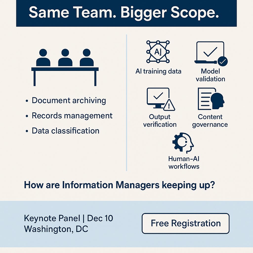AIIMIntl's tweet image. Your scope has exploded: AI data quality, content governance, output checks, hybrid workflows.

But your team? Same size.

On Dec 10 in DC, our keynote panel shares how info managers are doing more—with less.

Free. Limited space: hubs.la/Q03TkXb00