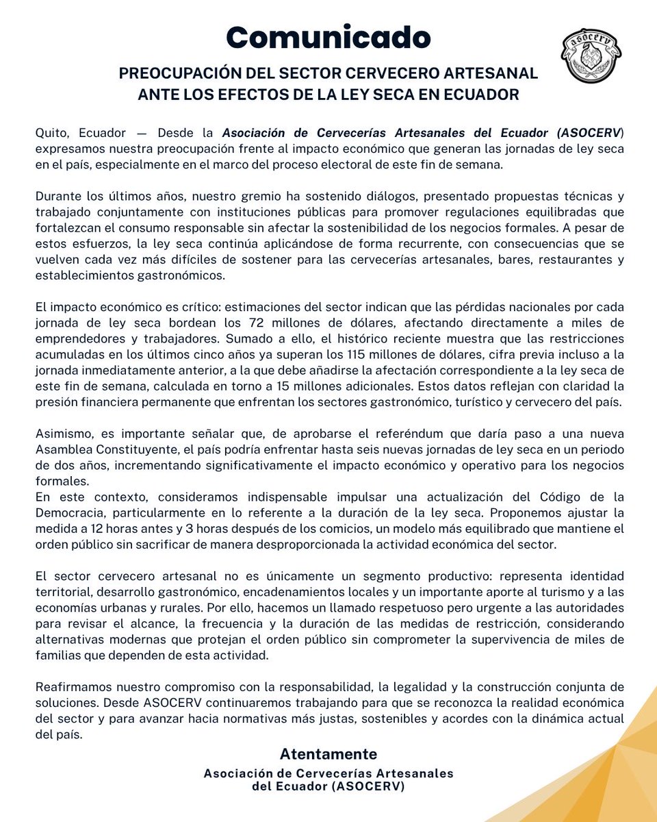 AsoCervEc's tweet image. Vamos 7 procesos electorales en los últimos 2 años, con la posibilidad que sean 3 más en el 2026. Resulta vital e  imprescindible para la industria, el turismo, la gastronomía y sostenibilidad de empleos que el Ecuador actualice la duración de Ley Seca @DanielNoboaOk @NielsOlsen