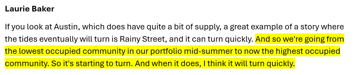 9) Speaking of Austin, which has been Exhibit A for the high-supply story, Camden said "it's starting to turn (in terms of occupancy)... and when it does, I think it will turn quickly."