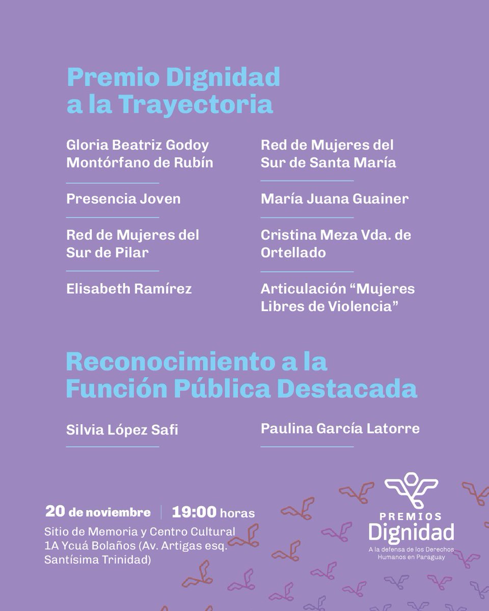 Presentamos a las personas y organizaciones premiadas en la 6ª Edición de los #PremiosDignidad2025

Celebramos su trabajo por la igualdad de género y los derechos de las mujeres 💜

📅 20/11 • 19:00 
📍 Sitio de Memoria y Centro Cultural 1A Ycuá Bolaños
Acceso libre y gratuito.