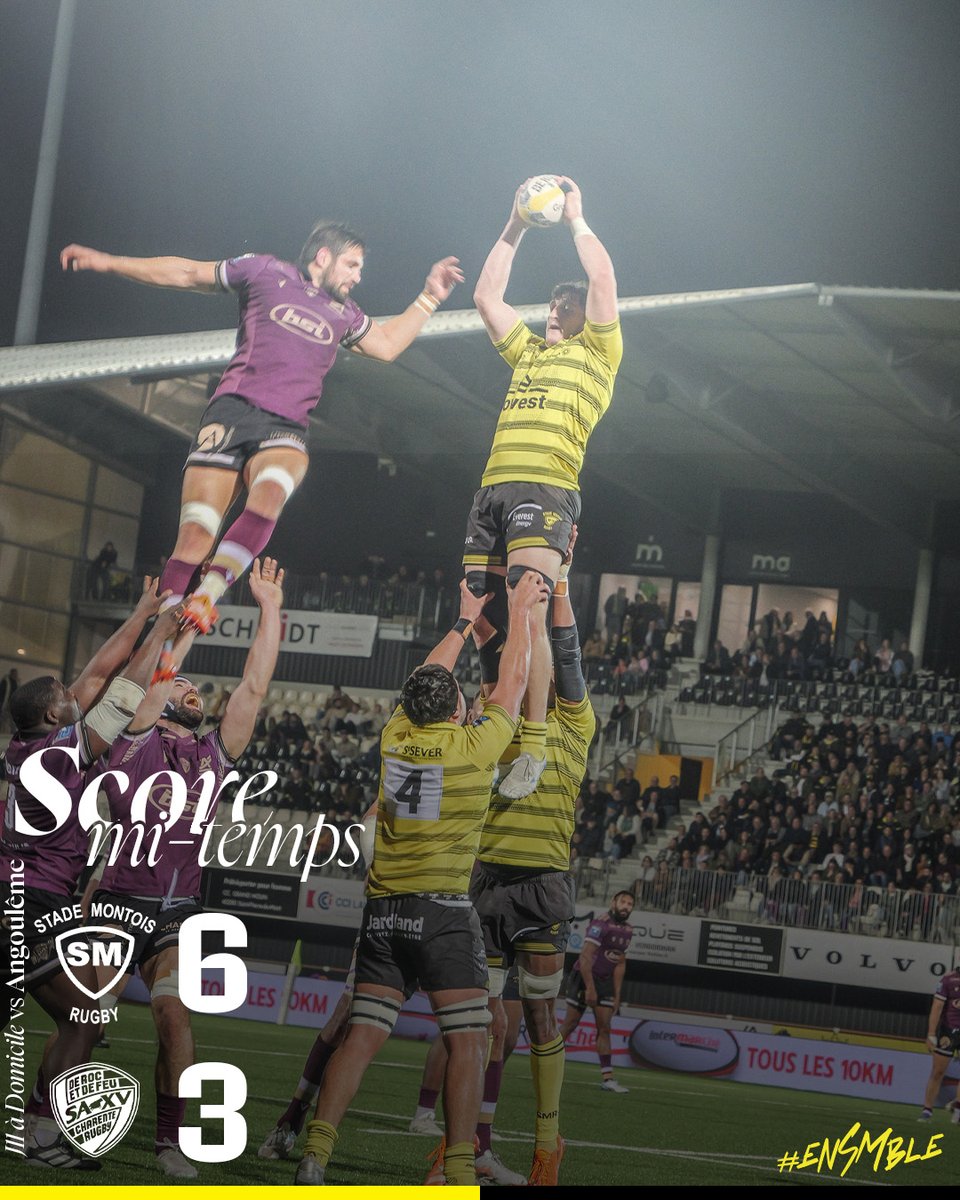 C'est la 𝒎𝒊-𝒕𝒆𝒎𝒑𝒔 à Boniface, avec une première mi-temps serrée ! On continue, allez Jaune et Noir, enSMble !

Stade Montois Rugby 6 🆚 3 <a href="/SAXV_Charente/">SA XV Charente Rugby</a> 

#enSMble #ProD2