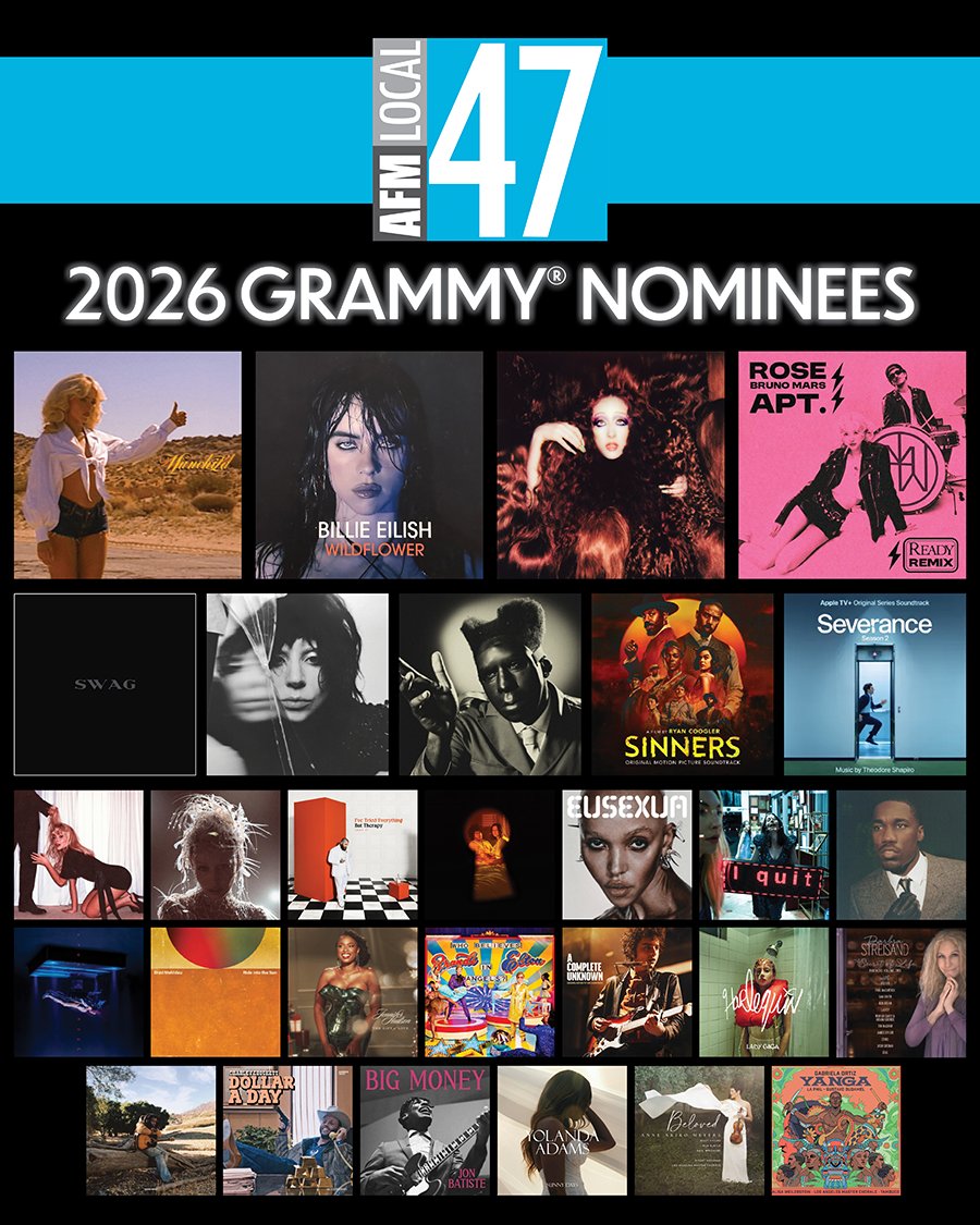 2026 GRAMMY NOMS ARE OUT! 📀🏆🎵 Congratulations to everyone whose work can be heard on the 68th Annual GRAMMY-nominated tracks and albums, recorded under AFM union contracts filed with Local 47. View &amp; listen here: afm47.org/press/2026-gra…