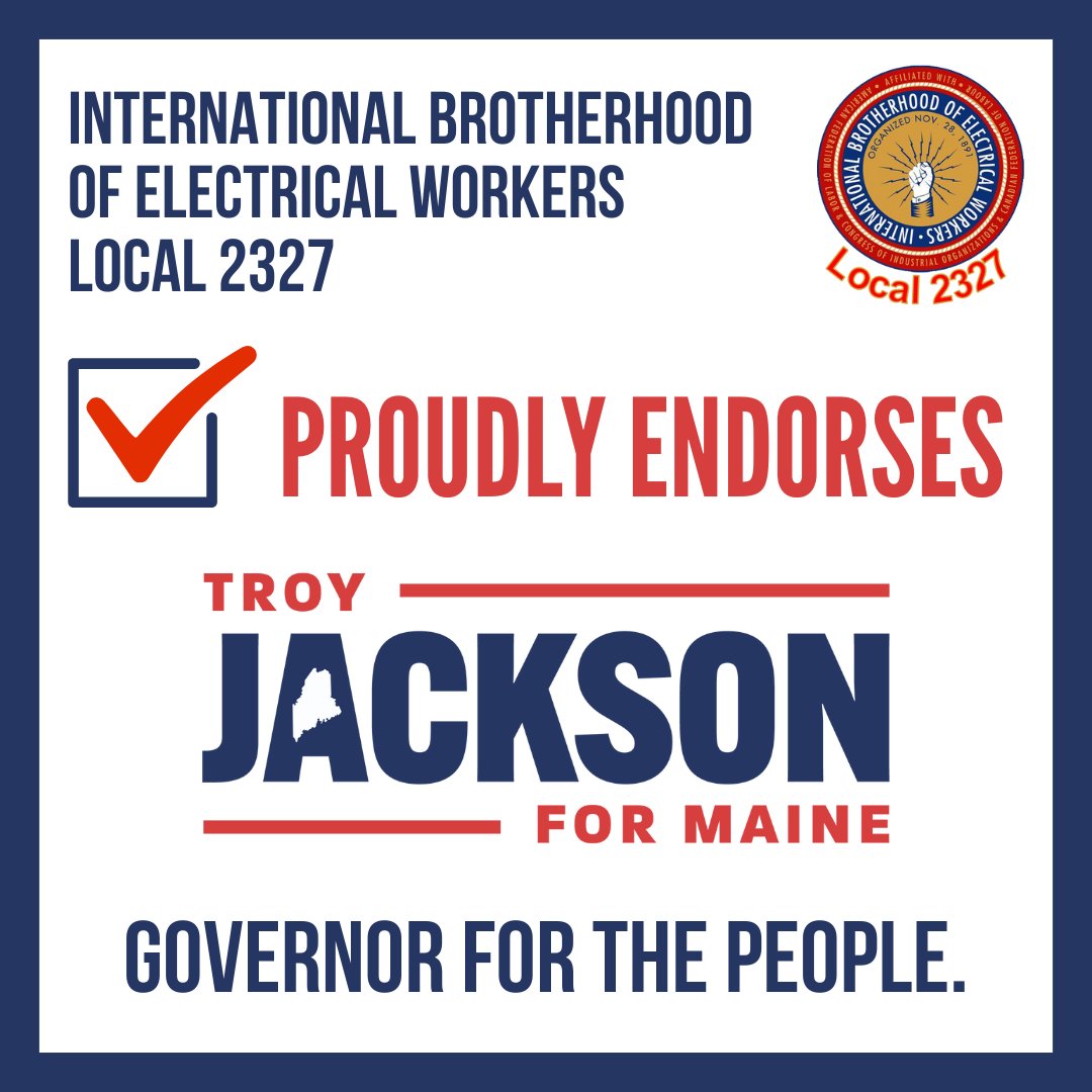 Thank you to my union brothers and sisters at IBEW Local 2327 for endorsing my campaign! This campaign isn't about me, it's about building a Maine that works for everyday people — the people who keep this state running. And I'm honored to have earned your support. #mepolitics