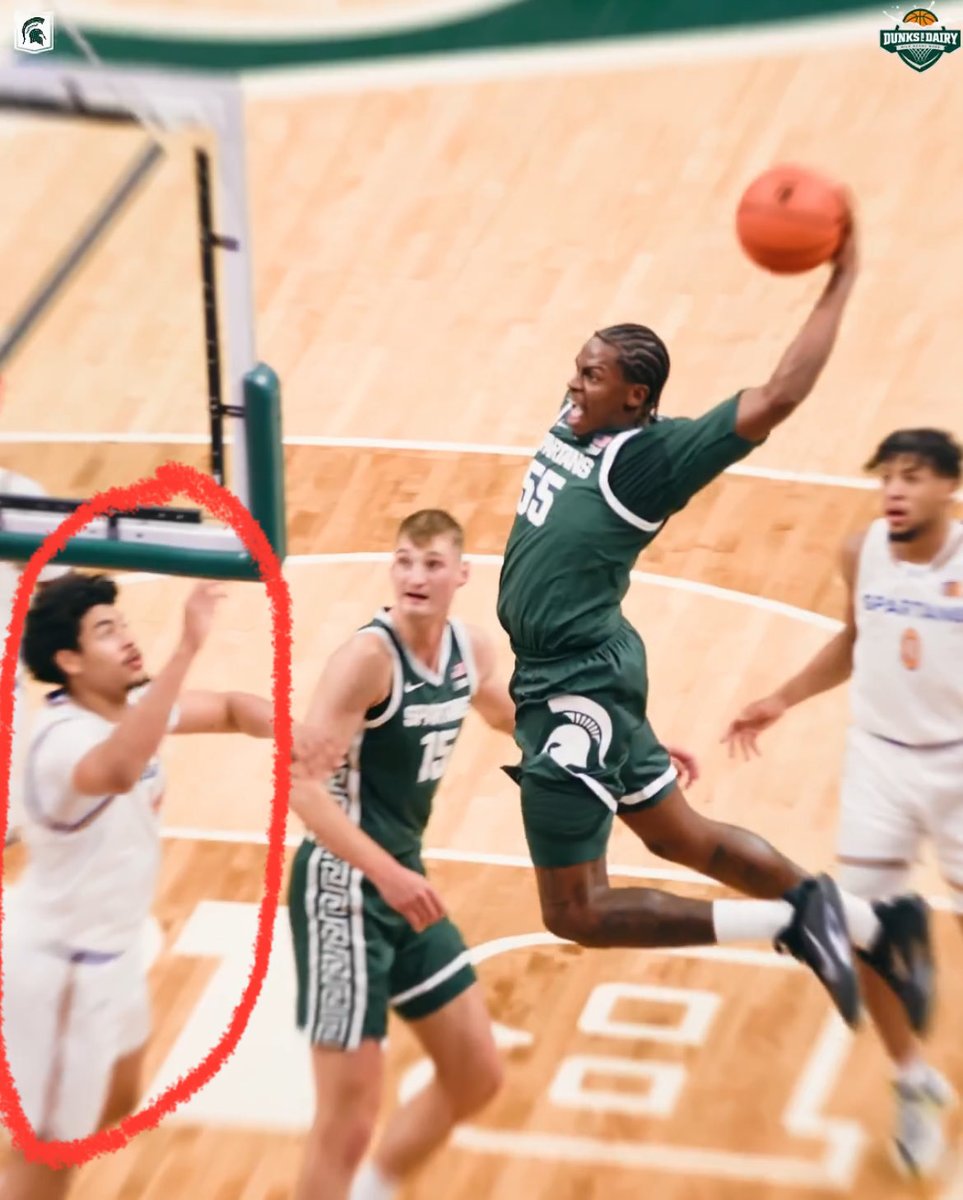 This is the moment this guy realizes “oh, I jumped for no reason” and begins to put his arm down and run back down the court