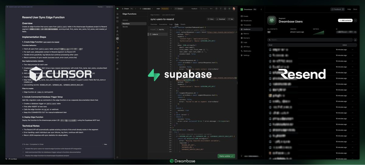 kyleledbetter's tweet image. FridayFun: Sync @supabase users in a @resend contacts segment via a Supabase Edge Function created with @cursor_ai using Supabase MCP.

It&apos;s become SO easy with AI-native tools