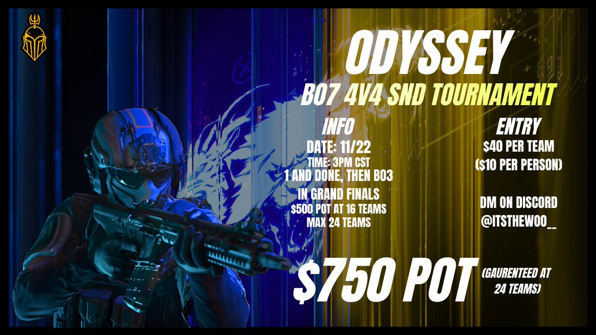 ODYEsports's tweet image. ODY 4v4 SND TOURNAMENT

-single elimination till grand finals then best of 3
-$40 per team ($10 per head)
-$500 pot at 16 teams ($750 at 24 teams)
-Nov 11th at 3pm cst

GET YOUR SQUAD TOGETHER AND LOCK IN

Reach out to:
@ItsTheWoo_  or on discord @ itsthewoo__