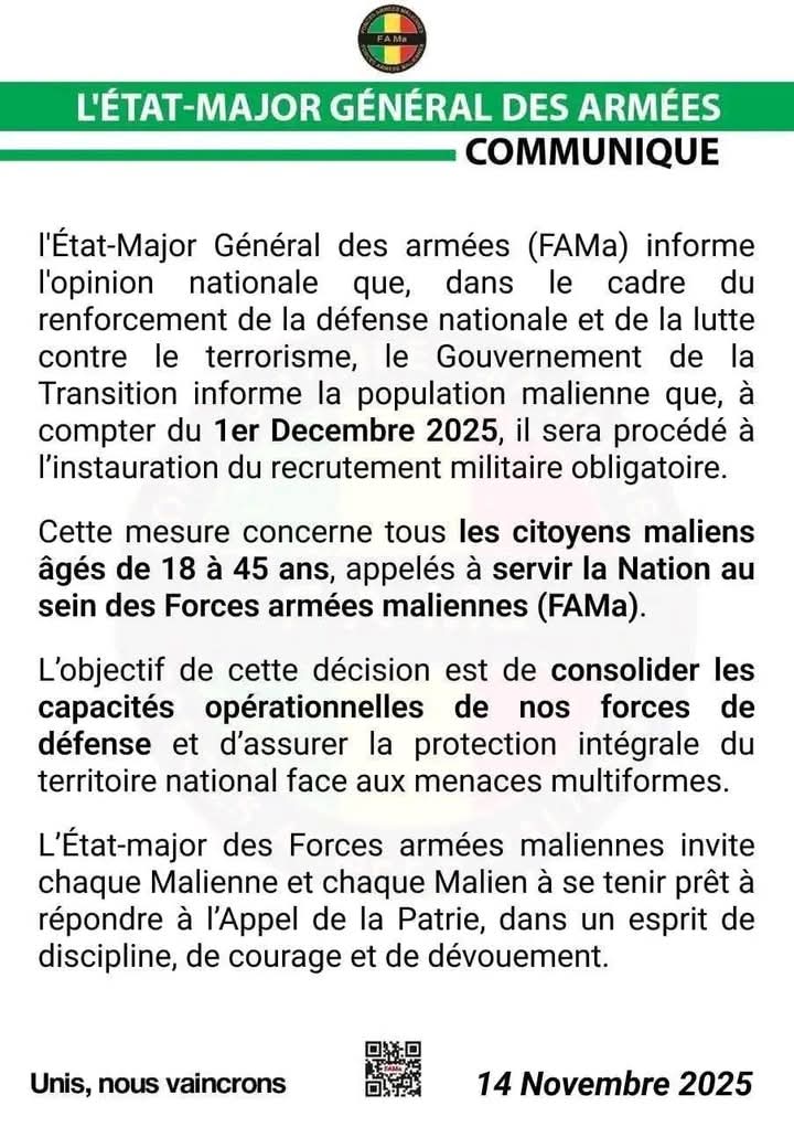SahelAlerte's tweet image. 🇲🇱🔴 Le communiqué de l’État-major malien annonçant l’instauration du service militaire obligatoire dès 1er décembre 2025 intervient dans un contexte alarmant : la montée en puissance des groupes terroristes qui assiègent plusieurs villes, y compris Bamako, depuis des mois.