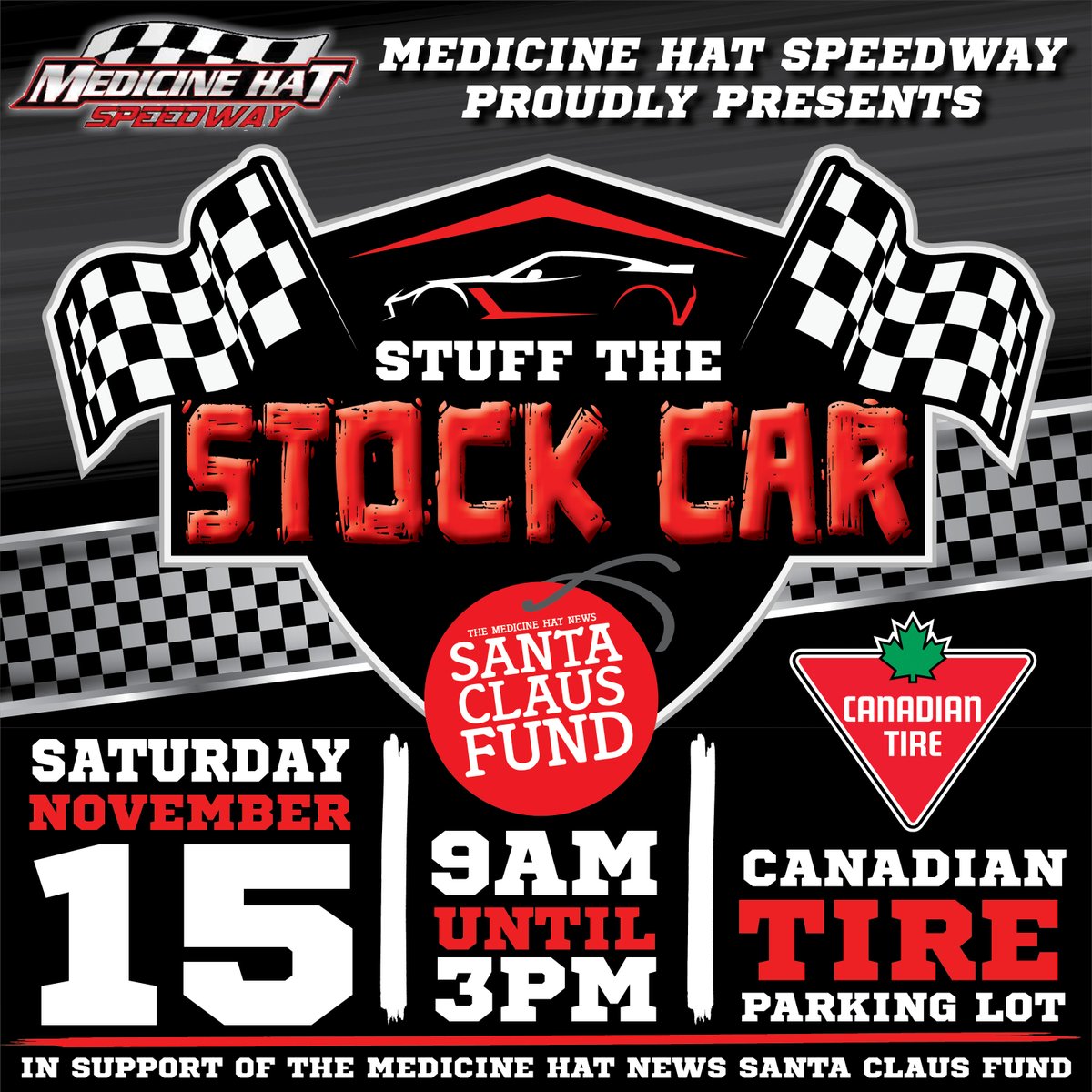 Be sure to join us tomorrow and help the Medicine Hat Speedway to "Stuff the Stock Car" #medhat #spiritofgiving