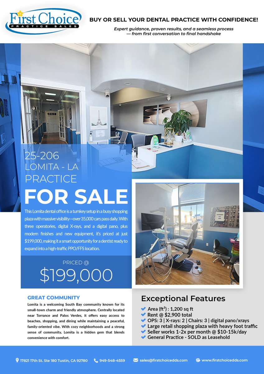 FirstChoicePS's tweet image. 🚨 Dental office for sale in Lomita!
📍 Prime shopping plaza w/ 35,000+ cars daily
🦷 3 operatories, digital X-rays, paperless systems
💰 Asking Price: $199,000

Perfect spot for South Bay dentists ready to grow!

Learn More: firstchoicedds.com/dental-office-…

First Choice Practice Sales,…
